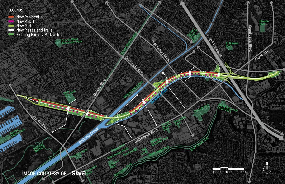 A rendering of the unfinished 90 Freeway, which could become a large public park with nearly 4,000 housing units.