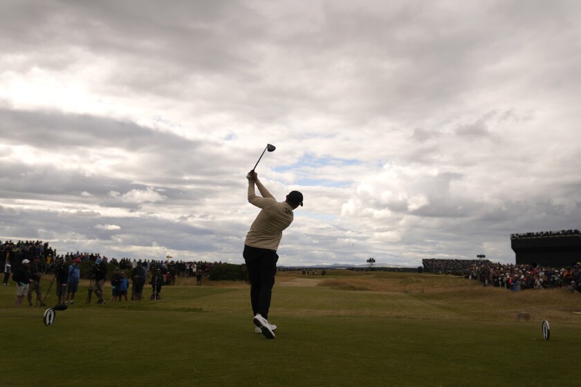 Matt Fitzpatrick plays from the 7th tee during the first round of the British Open on the Old Course at St Andrews, Scotland