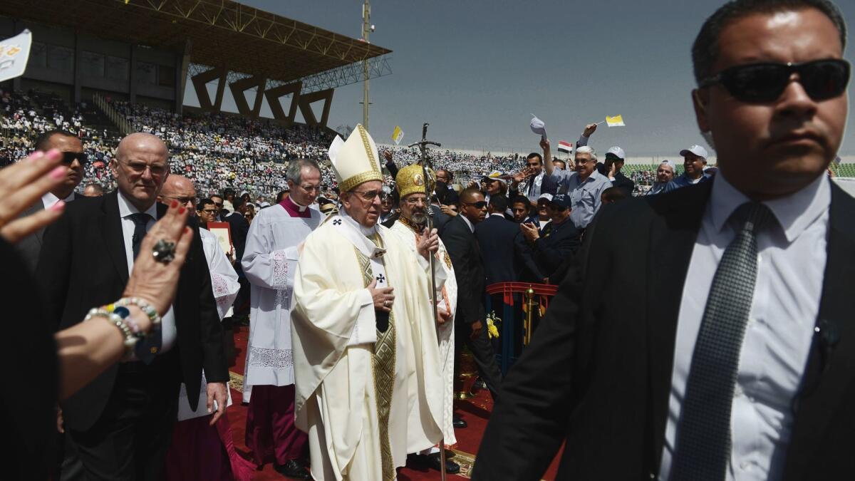 Pope Francis enters the Air Defence Stadium in Cairo, Egypt prior to a celebration mass that was held on the last day of his visit to city.