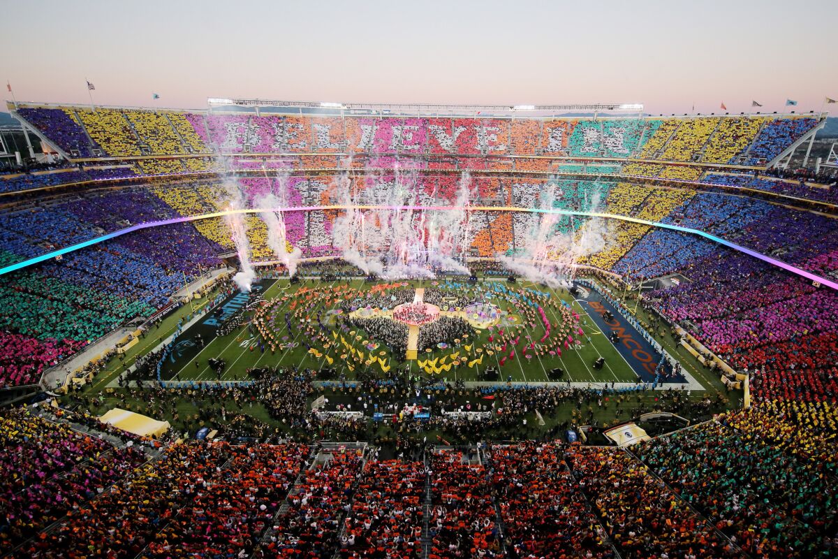 Coldplay, Beyonce and Bruno Mars perform during the Pepsi Super Bowl 50 Halftime Show at Levi's Stadium.