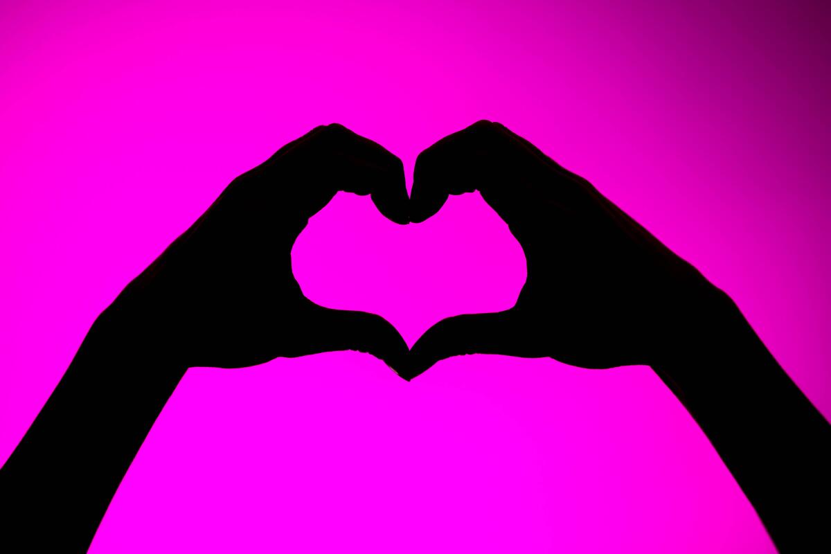 A silhouette of hands making a heart shape on a magenta background 