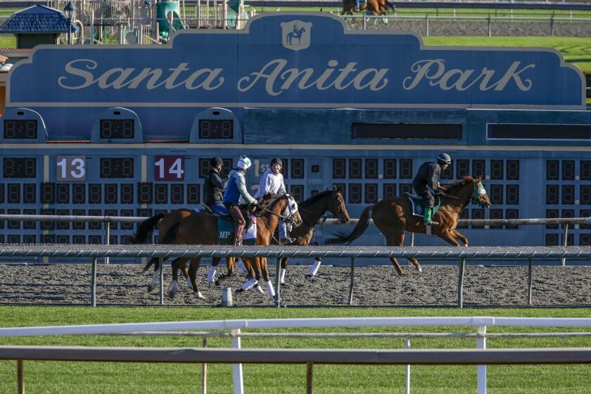 ARCADIA, CA, MARCH 08, 2019 --- Riders on training track on Friday, March 08, 2019, morning at Santa Anita Race Track in Arcadia. The track, was shut down for training and racing since last Tuesday after reported 21 horse fatalities since late December. (Irfan Khan / Los Angeles Times)
