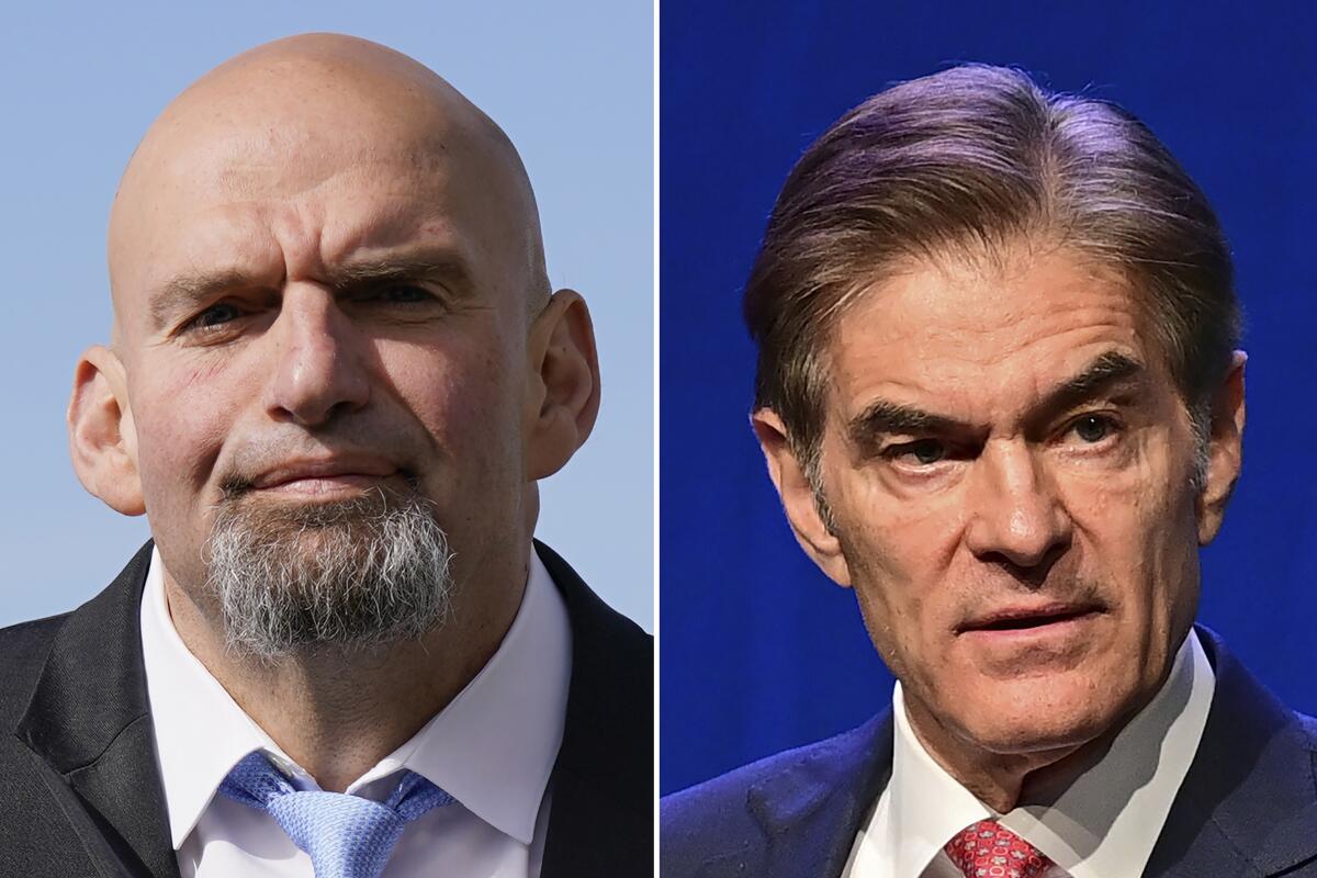 Two photos show a bald man in suit and light blue tie, with a goatee, left, and another with dark hair, in suit and red tie 