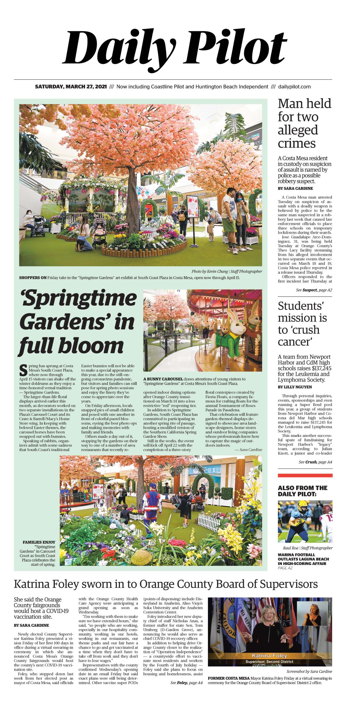 Front page of Daily Pilot e-newspaper for Saturday, March 27, 2021.