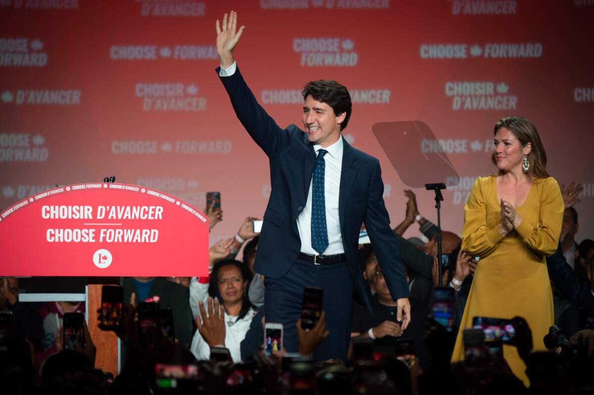 Canadian Prime Minister Justin Trudeau celebrates the election results. 