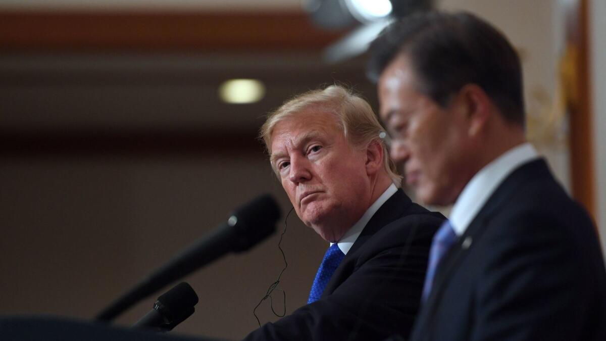 President Trump and South Korean President Moon Jae-in speak at a news conference at the presidential Blue House in Seoul in November 2017.