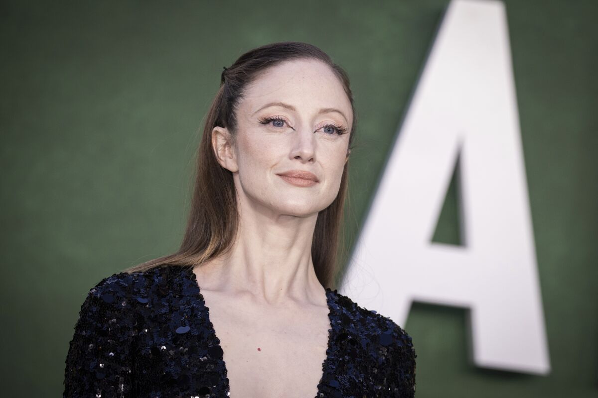 A portrait of Andrea Riseborough on the red carpet for "Amsterdam" last fall.