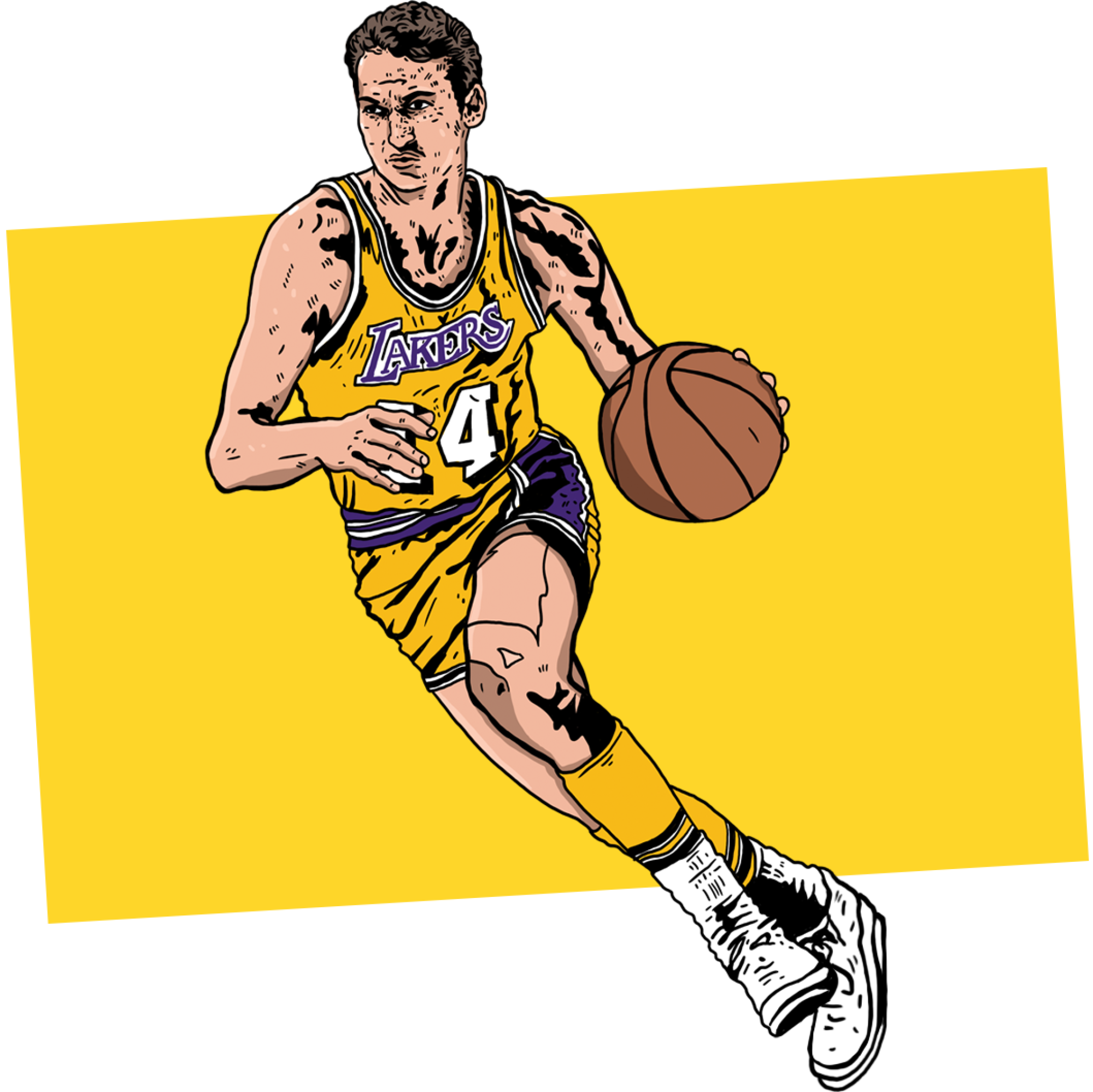 Illustration of Jerry West in a yellow #44 jersey dribbling the ball.