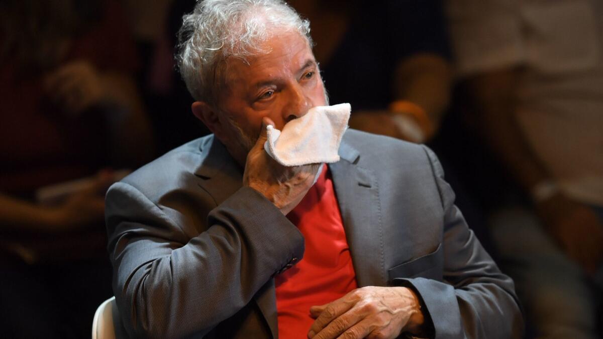 Former Brazilian President Luiz Inacio Lula da Silva at a rally of leftist Brazilian political parties in Rio de Janeiro on Monday. He was ordered to begin serving his prison term Friday afternoon.