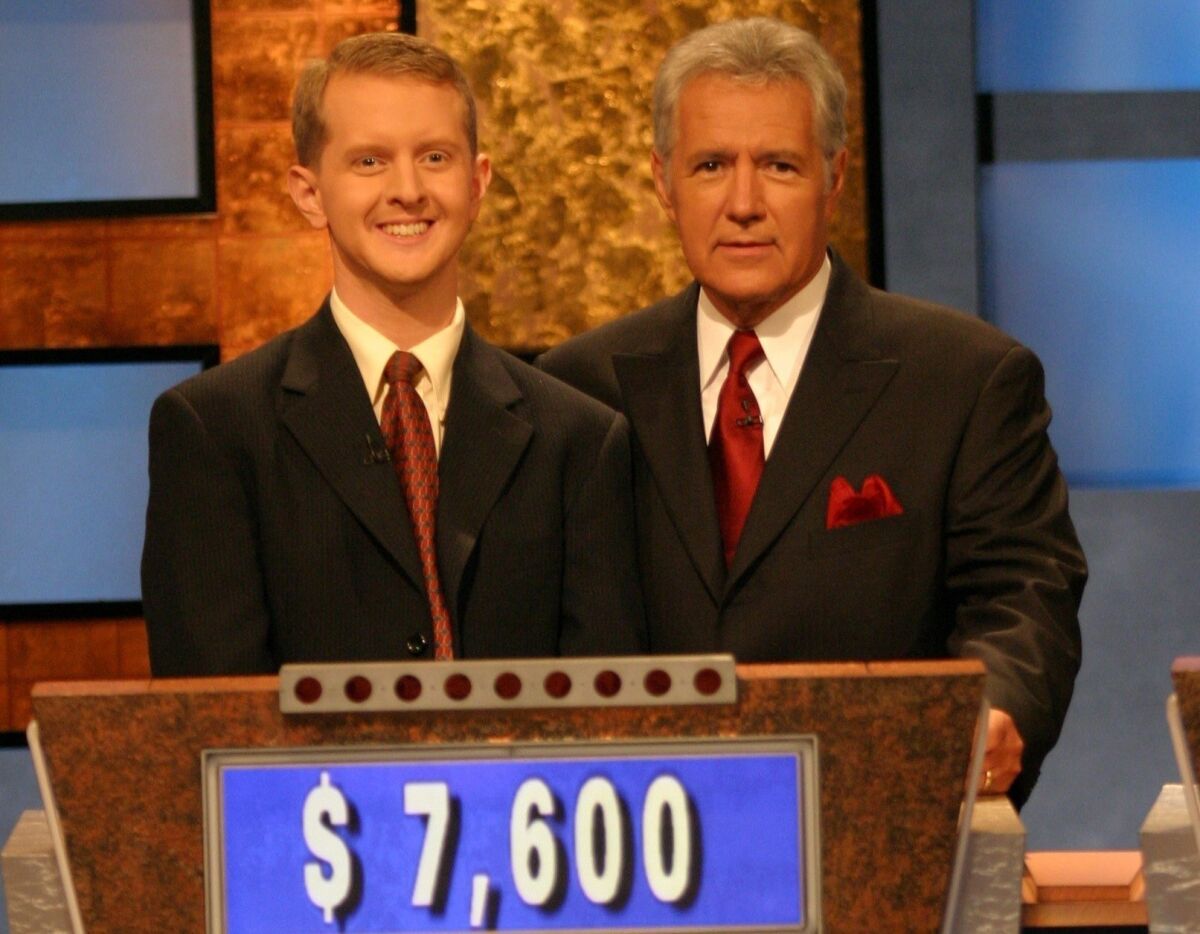 All-time "Jeopardy!" champion Ken Jennings with Alex Trebek