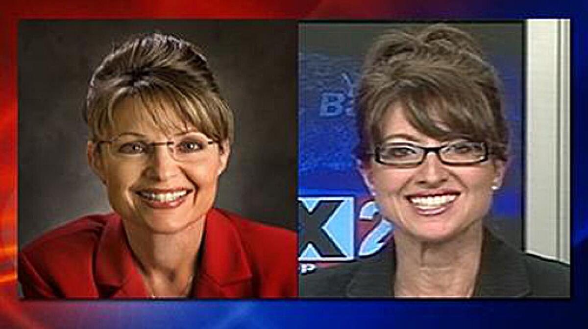 Cindy Michaels, a WVII ABC-7 and WFVX Fox 22 television anchor in Bangor, Maine, right, is seen in a TV frame grab released by WVII TV, alongside a photo of Republican vice presidential candidate Sarah Palin. Michaels says she has been wearing glasses and her hair up for years, long before the look became popularized by the Alaska governor.