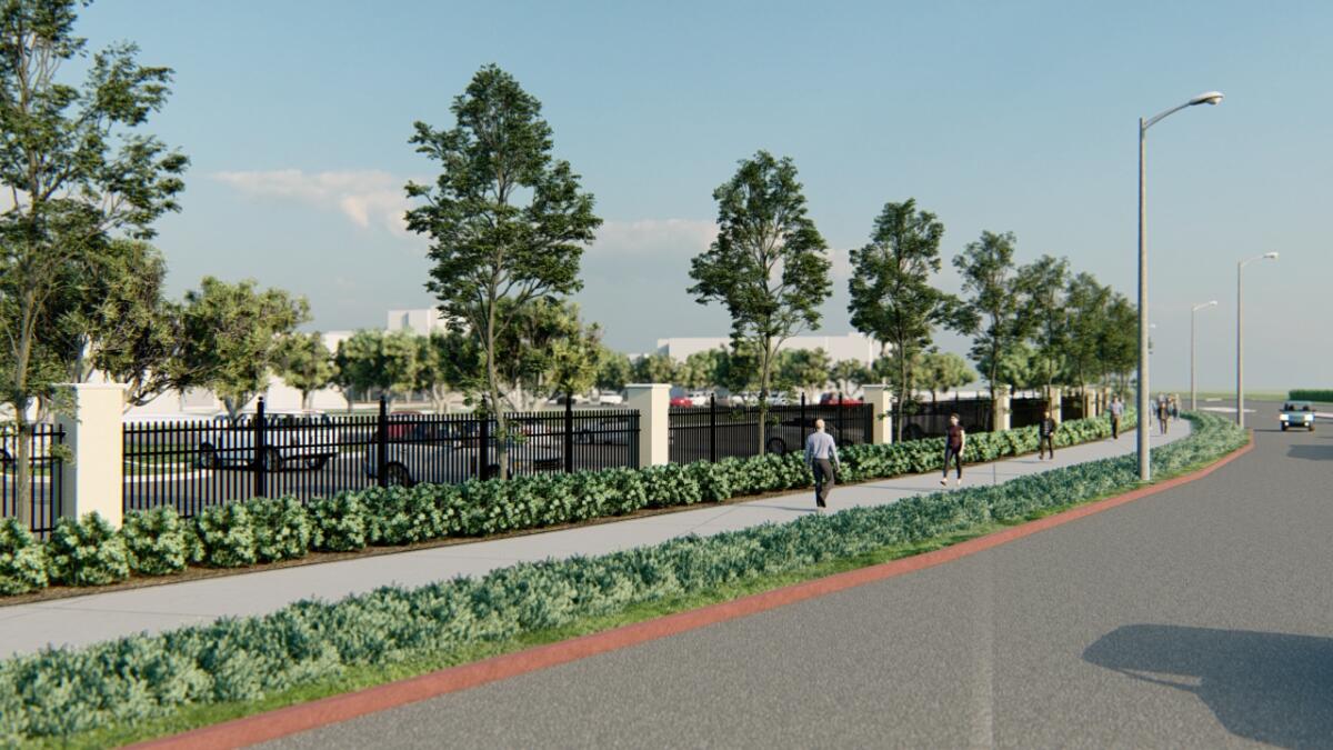 A rendering depicts new perimeter fencing and landscaping at Vanguard University along Newport Boulevard.