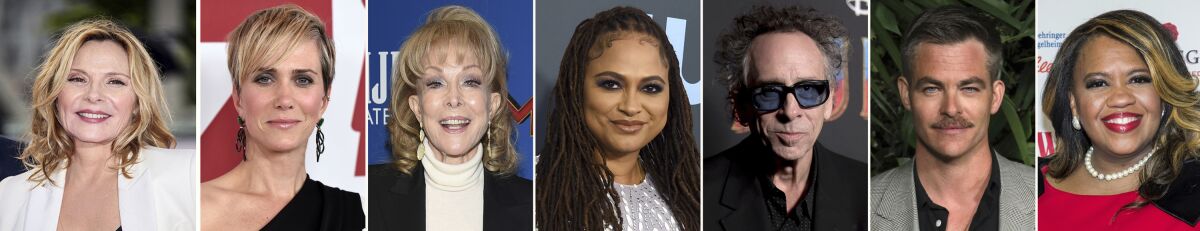 This combination photo of celebrities with birthdays from Aug. 21-27 shows Kim Cattrall, from left, Kristen Wiig, Barbara Eden, Ava DuVernay, Tim Burton, Chris Pine and Chandra Wilson. (AP Photo)