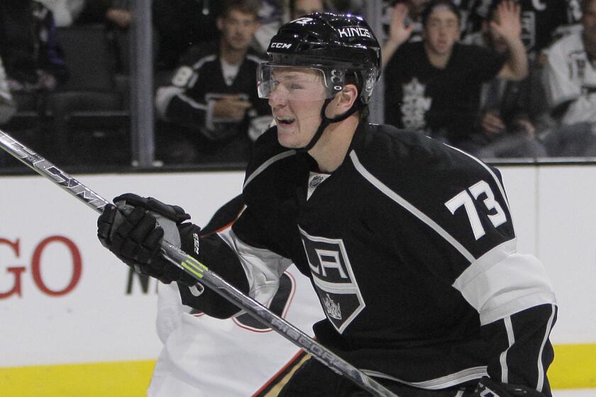 Kings forward Tyler Toffoli scores on a breakaway against the Ducks during an exhibition game on Sept. 24. On Friday, the 23-year-old was granted a two-year contract extension.