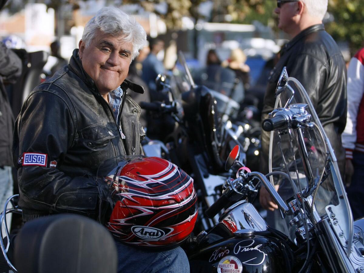 Comedian Jay Leno at Harley Davidson Motorcycles in Glendale just before the 30th annual Love Ride on Sunday, Oct. 20, 2013. The ride, a fundraiser for the USO and its programs, goes from the Glendale store to Castaic Lake.