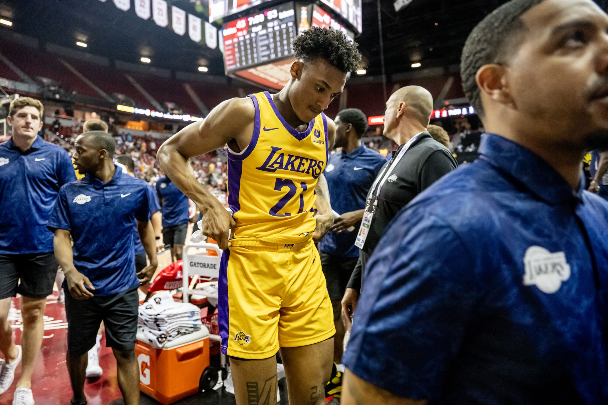 Lakers rookie Maxwell Lewis leaves the court at halftime during an NBA Summer League game.