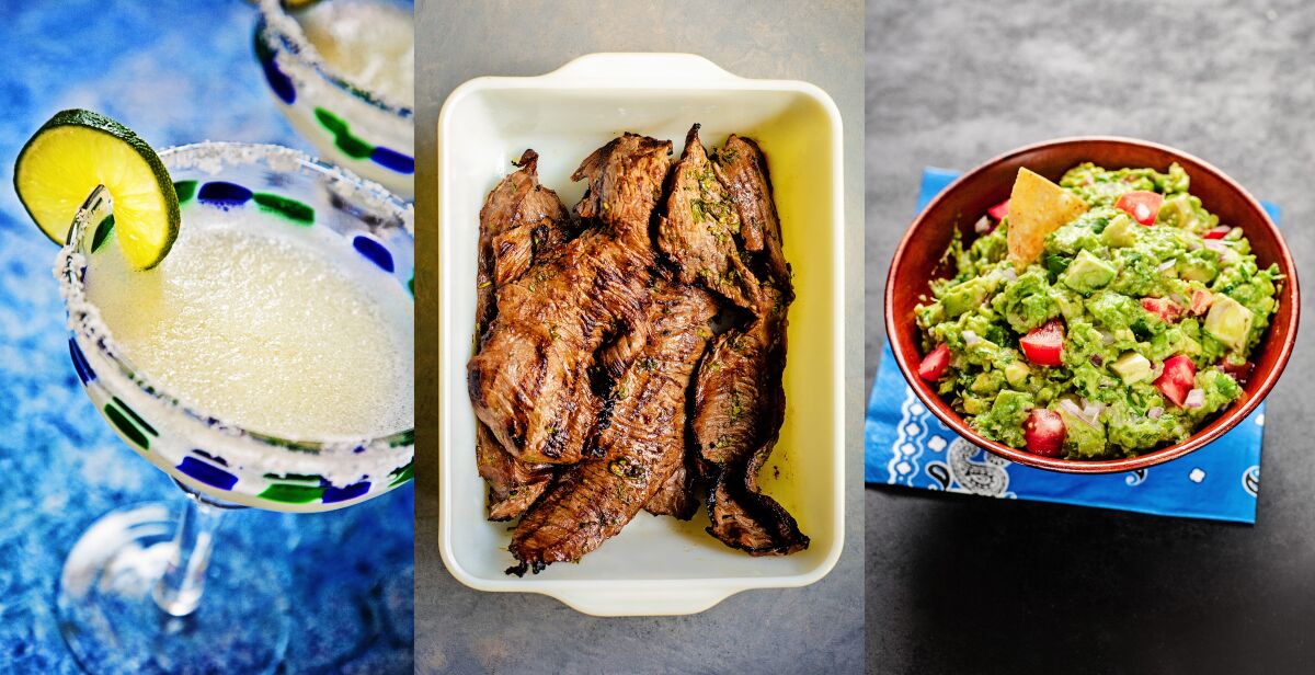 Three photos showing a margarita, a dish of grilled carne asada and a bowl of chunky guacamole.