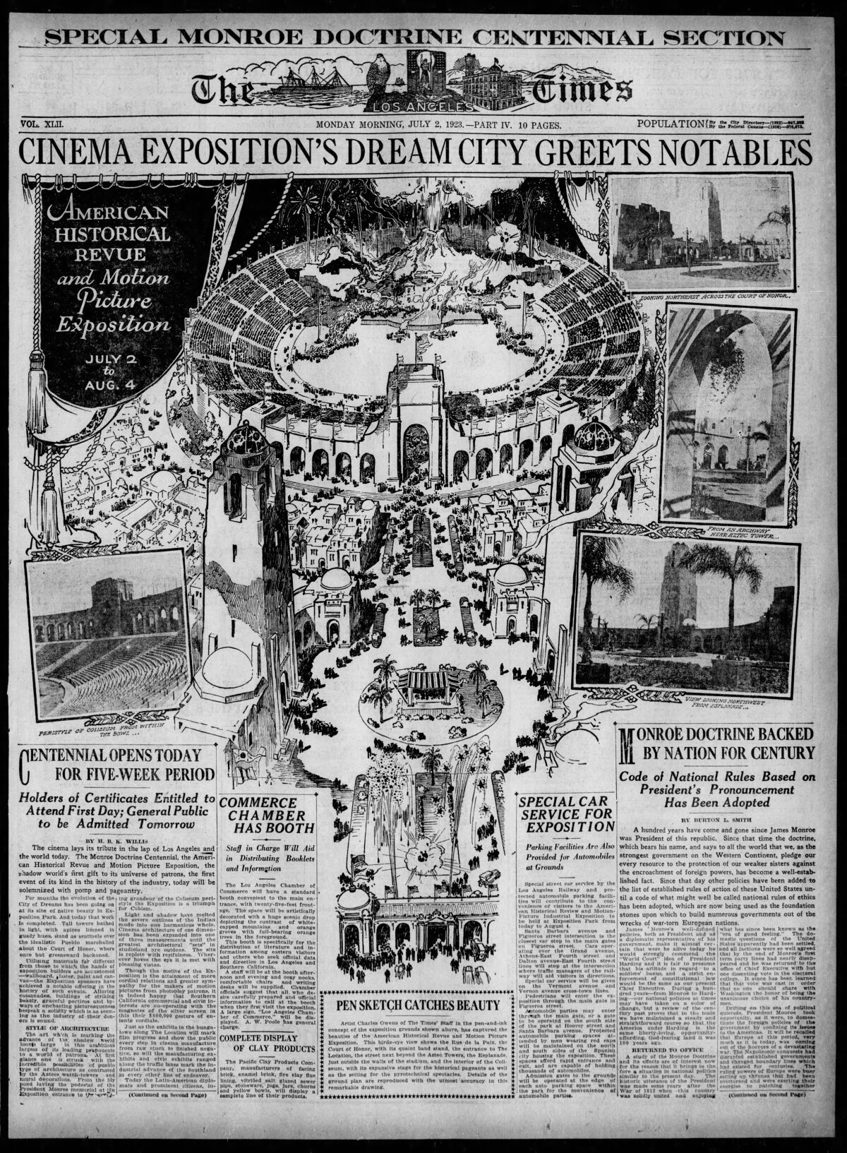 The front page of the Los Angeles Times "Monroe Doctrine Centennial Section" on July 2, 1923.