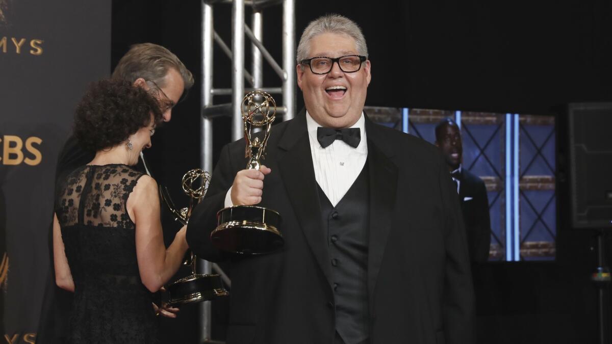 David Mandel, "Veep" showrunner, celebrates the series' win for comedy series at the 69th Emmy Awards on Sept. 17, 2017.