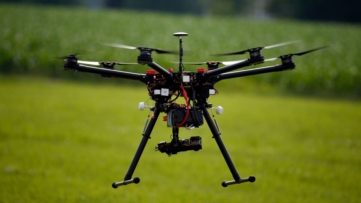 A hexacopter drone is flown during a drone demonstration in Cordova, Md.