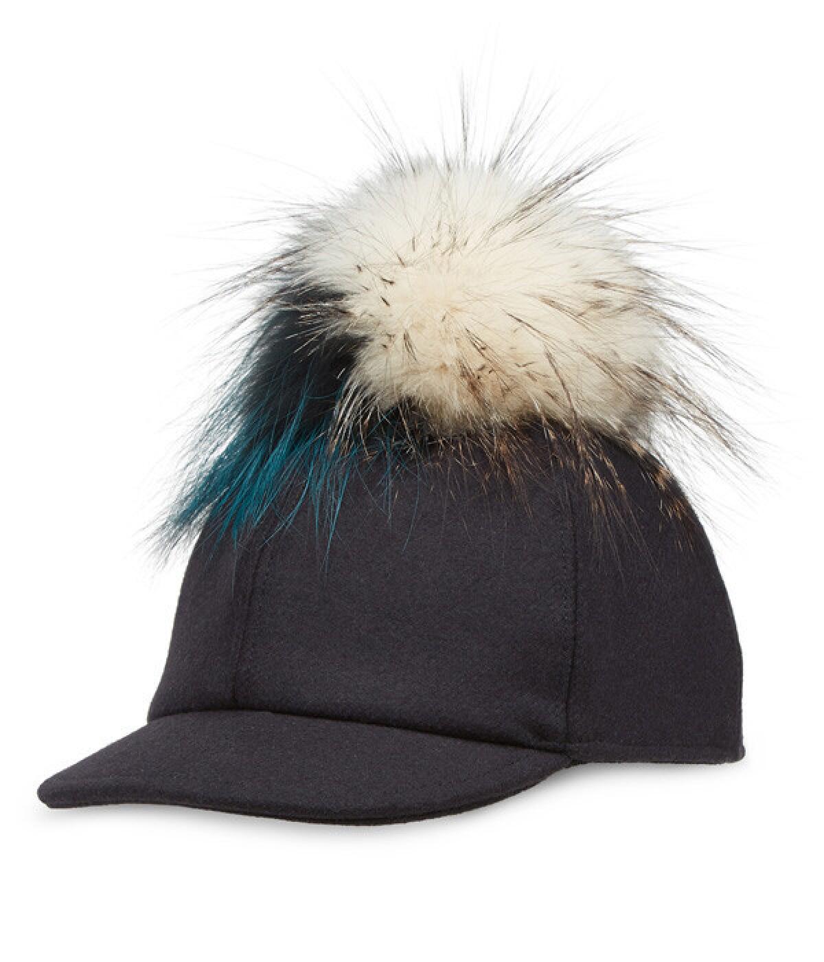 Fendi wool baseball cap with fox fur trim.