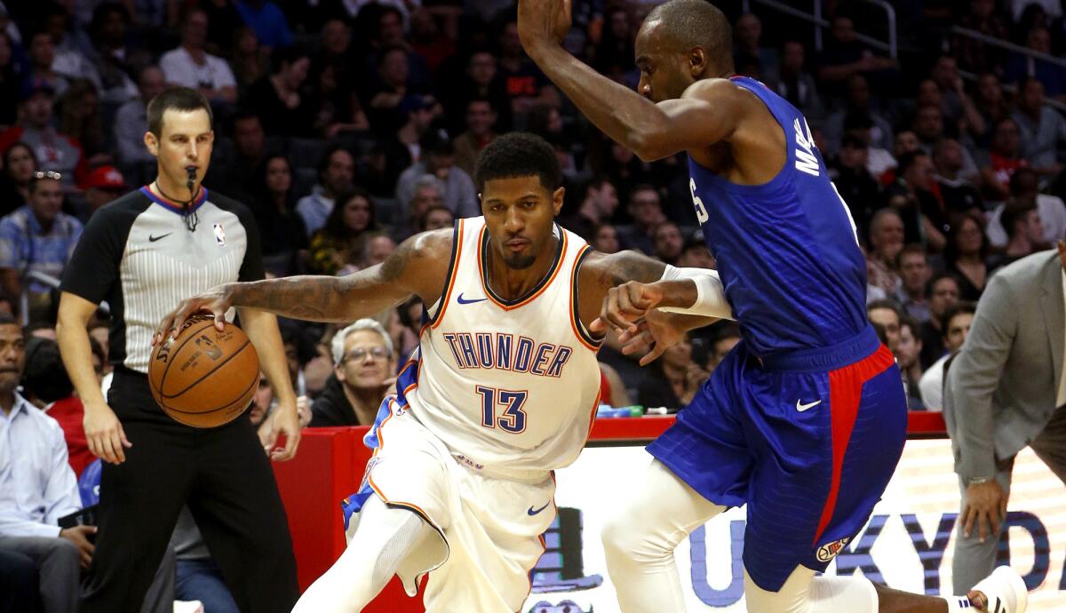 Clippers forward Luc Mbah a Moute helped limit Thunder forward Paul George to seven-of-27 shooting, including three for 11 from long range Friday.