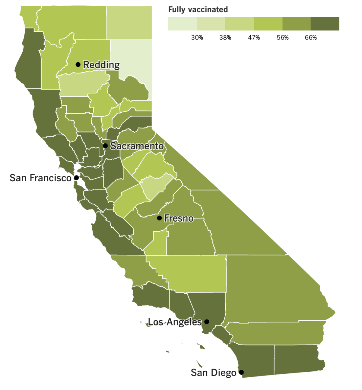 A map showing California's COVID-19 vaccination progress by county as of Nov. 15, 2022.