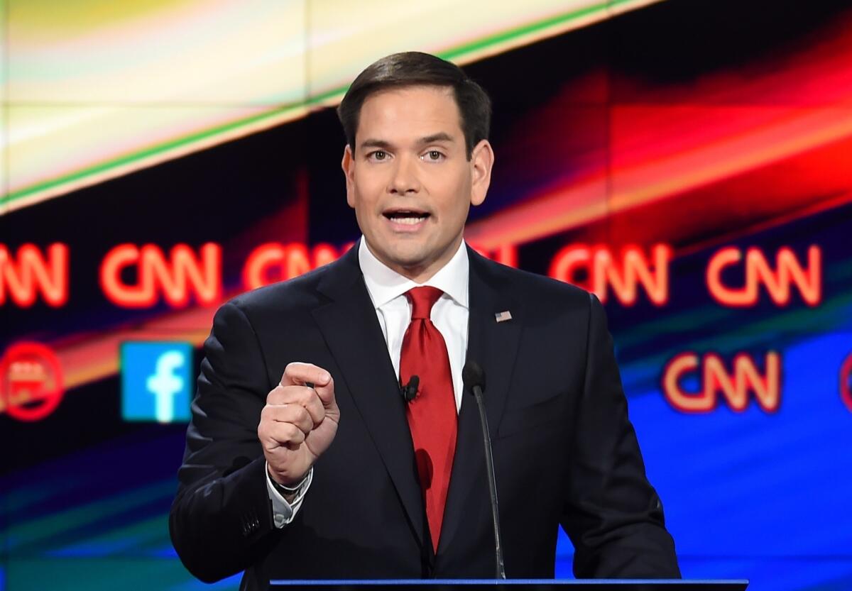 Republican presidential candidate Florida Sen. Marco Rubio gestures during the Republican Presidential Debate in Las Vegas, Nevada.