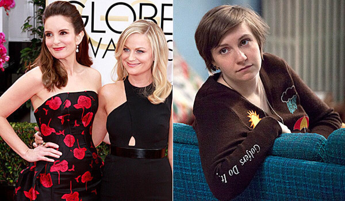 Tina Fey, left, and Amy Poehler at the Golden Globes; Lena Dunham of "Girls."