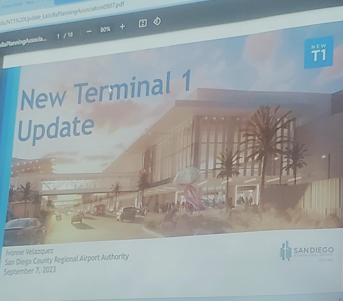 The La Jolla Community Planning Association is shown a rendering of the new San Diego International Airport Terminal 1.