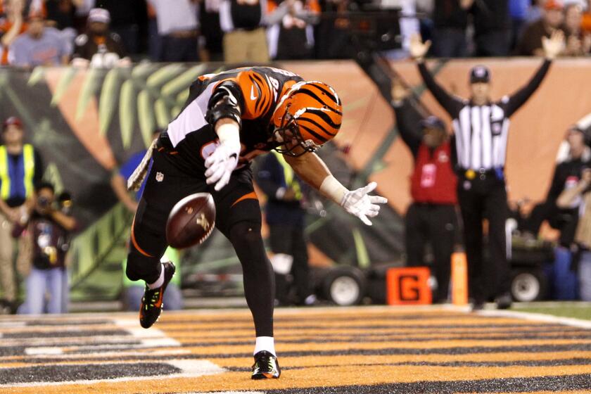 Bengals tight end Tyler Eifert celebrates after a touchdown reception in the first half. He had three scoring catches in a 31-10 win over the Browns on Thursday night.