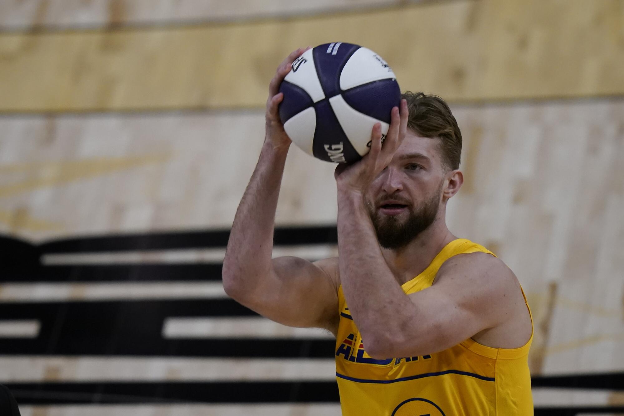 Pacers forward Domantas Sabonis lines up his three-point shot during the skills challenge.