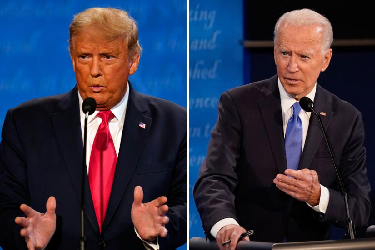 Donald Trump and Joe Biden participate in a presidential debate on Oct. 22, 2020.