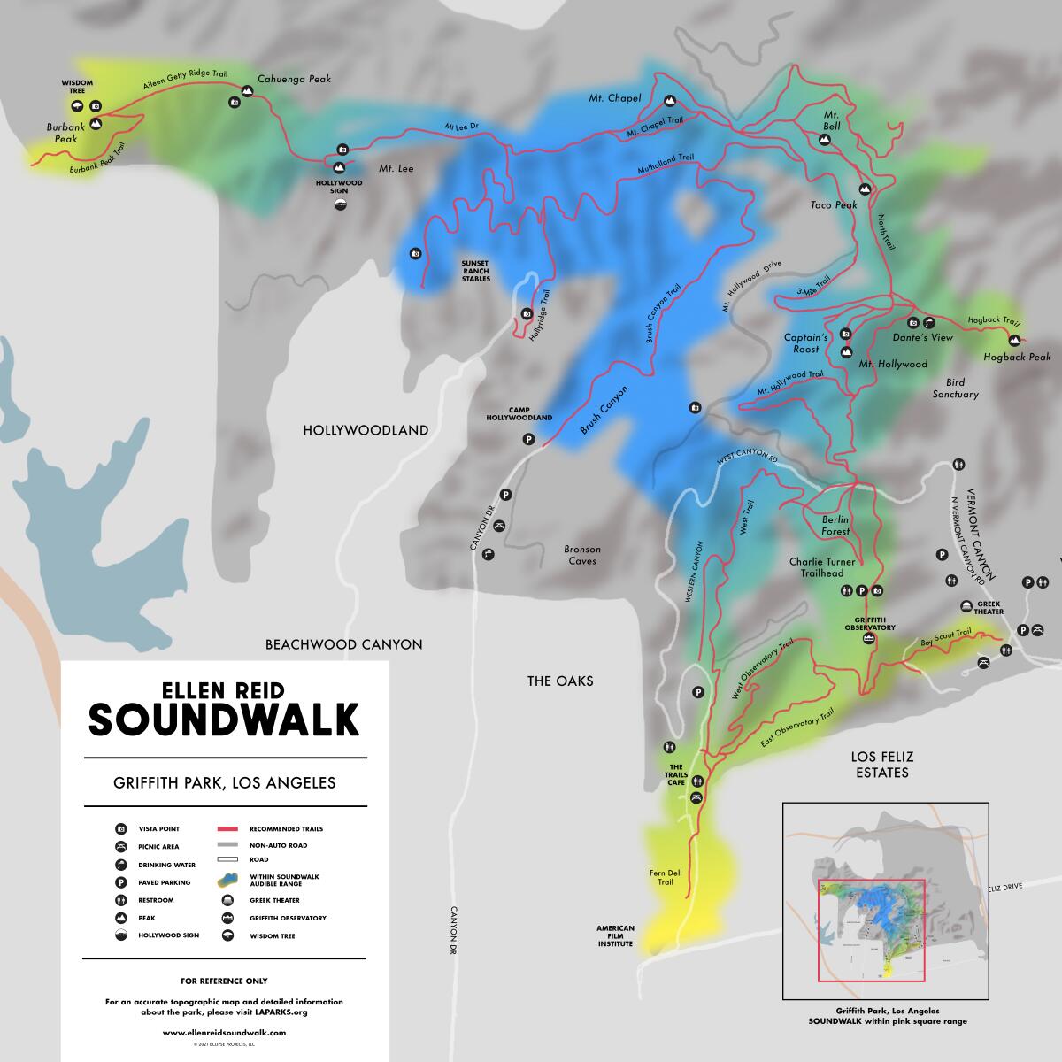 A map shows Griffith Park with an "Ellen Reid Soundwalk" key.