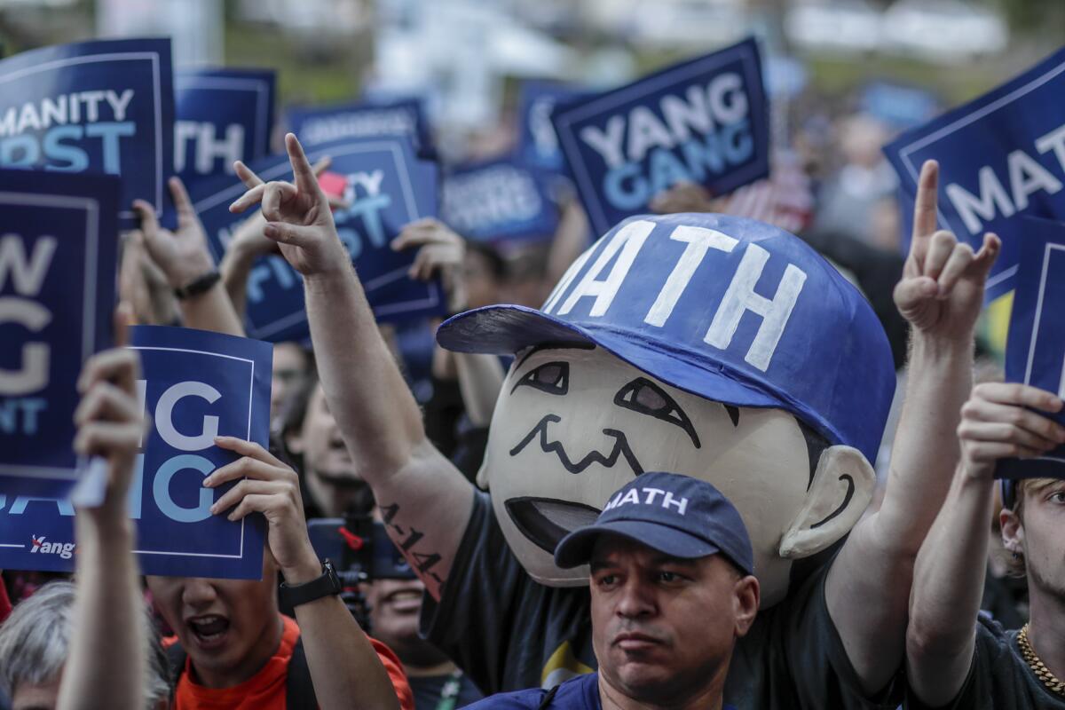 Supporters attend a campaign rally in MacArthur Park for Andrew Yang