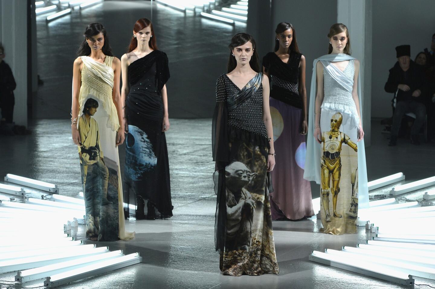 Rodarte's Fall 2014 Ready-to-Wear collection ended with Star Wars-printed gowns featuring Yoda and Luke Skywalker, among others and making for some great Instagrams.