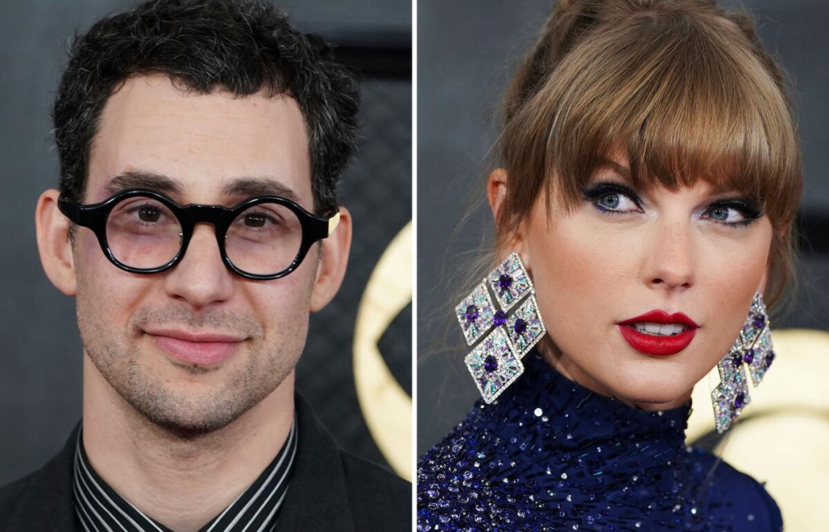 Separate photos of Jack Antonoff in glasses and Taylor Swift in dangly earrings and a sparkly dress
