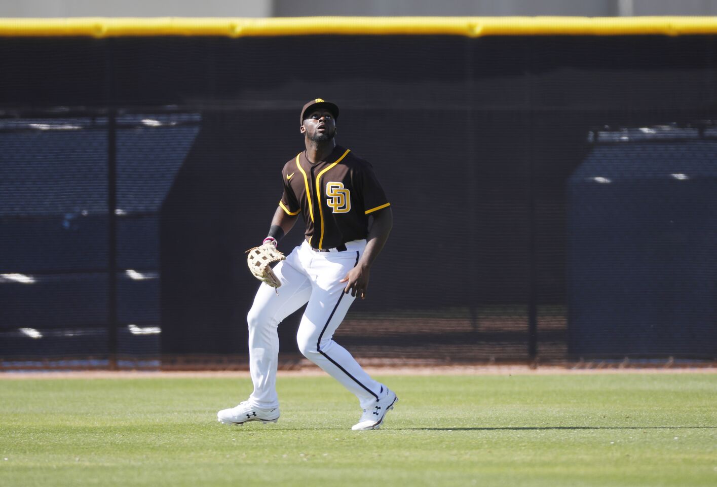 San Diego Padres Taylor Trammell shags a ball during a spring training practice on Feb. 18, 2020.