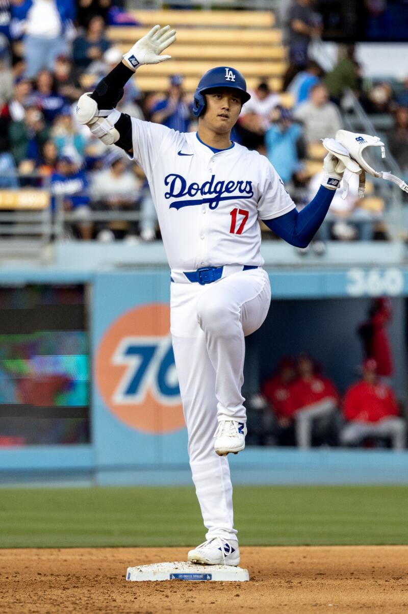 LOS ANGELES, CA - MARCH 31, 2024: Los Angeles Dodgers designated hitter Shohei Ohtani (17) reacts.