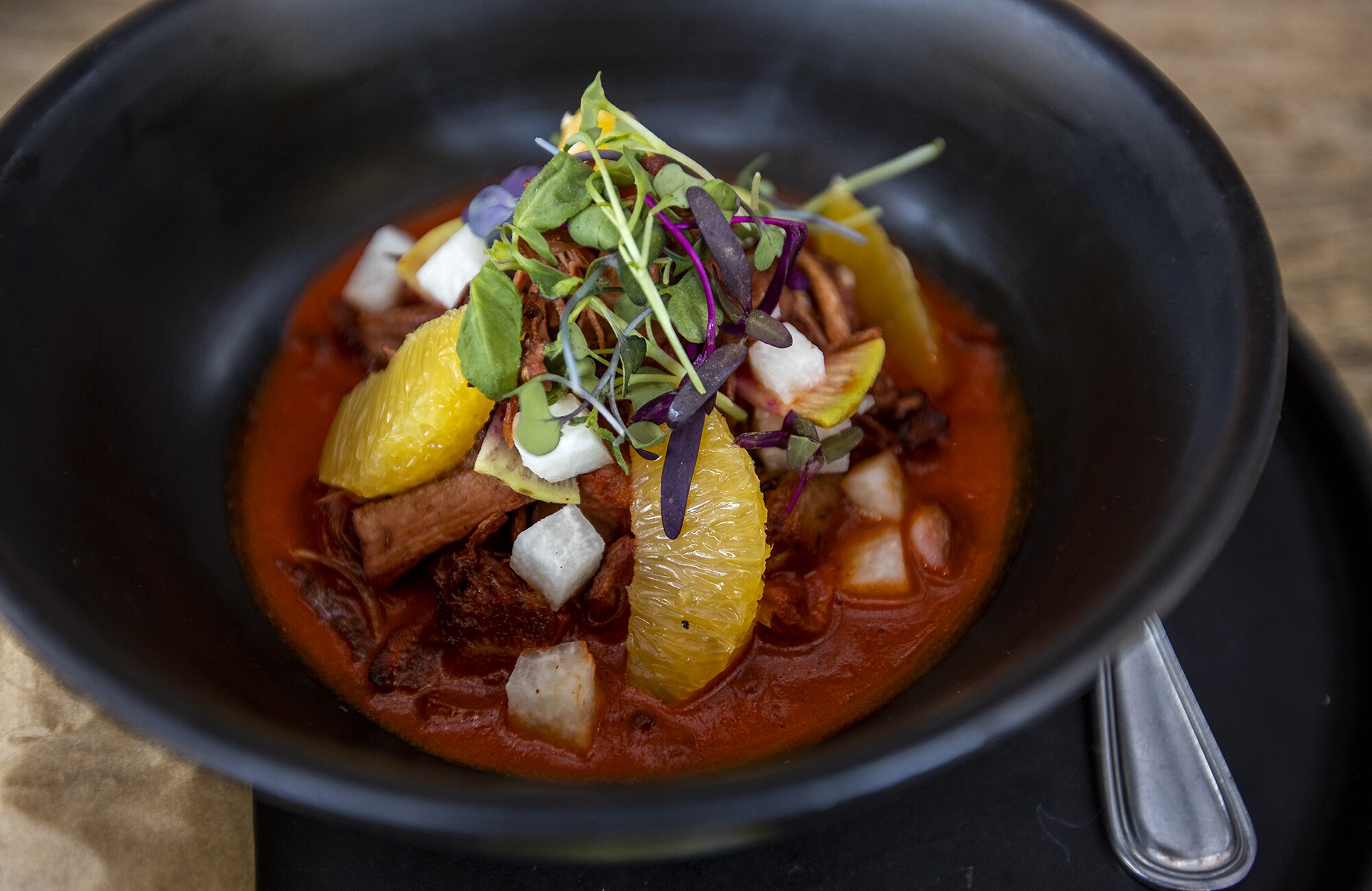 The carnitas, braised jackfruit with Colorado guajillo sauce from Gracias Madre.