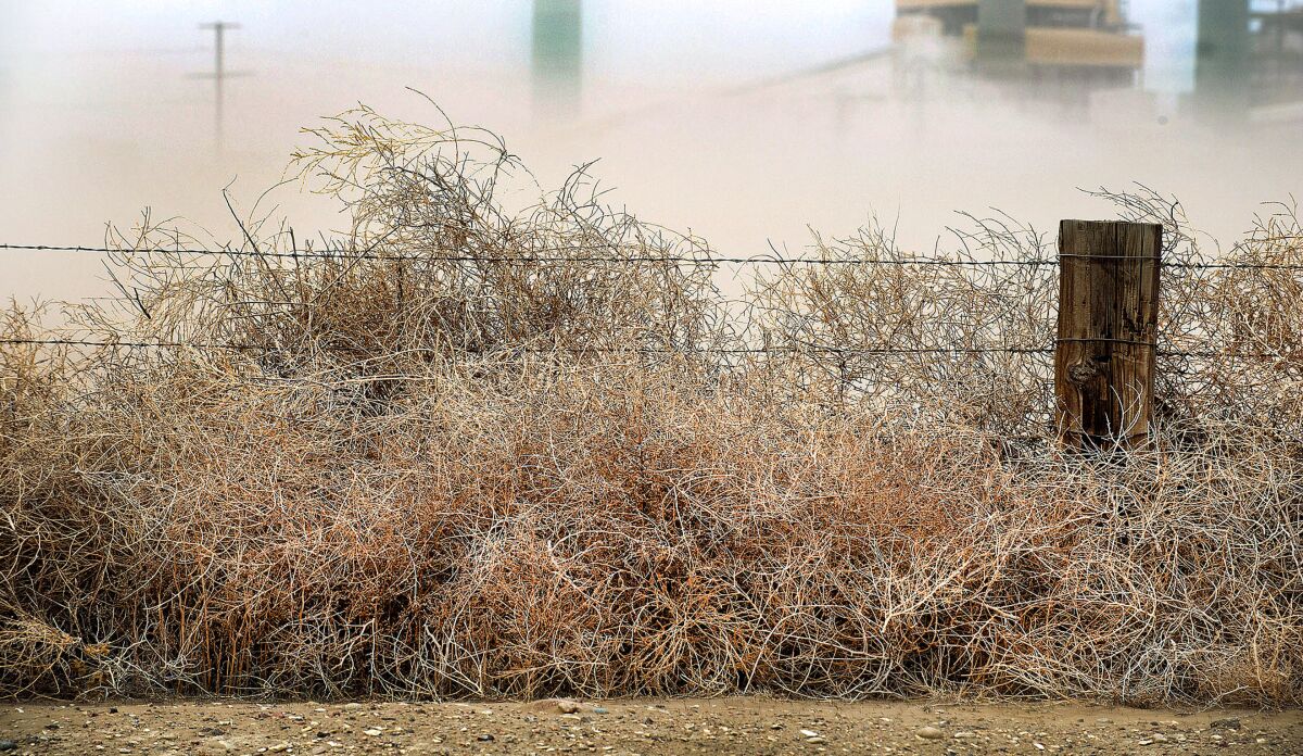 FILE - Wind blows dust and tumbleweeds against a fence east of the Comanche Power Plant, Tuesday, March 18, 2014 near Pueblo, Colo. A search is underway for two workers buried in a coal pile at a southern Colorado power plant. Witnesses said the workers were buried in a slide on the 80-foot-tall coal pile at the Comanche Generating Station in Pueblo on Thursday, June 2 ,2022. (Chris McLean/The Pueblo Chieftain via AP, File)