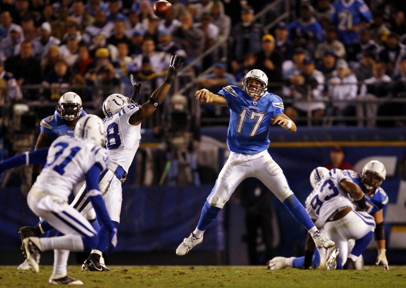 Chargers' Philip Rivers passes in 3rd qtr in a playoff game against the Indianapolis Colts at Qualcomm Stadium on Jan. 3, 2009.