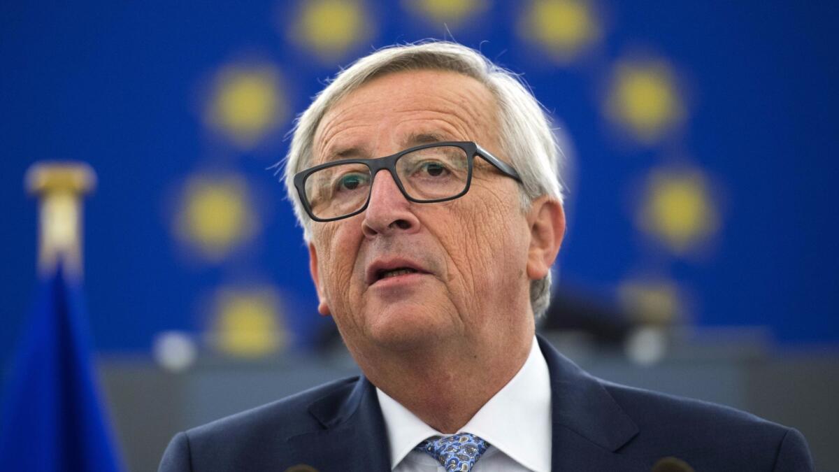 European Commission President Jean-Claude Juncker delivers his State of the Union speech Sept. 12 at the European Parliament in Strasbourg, France.