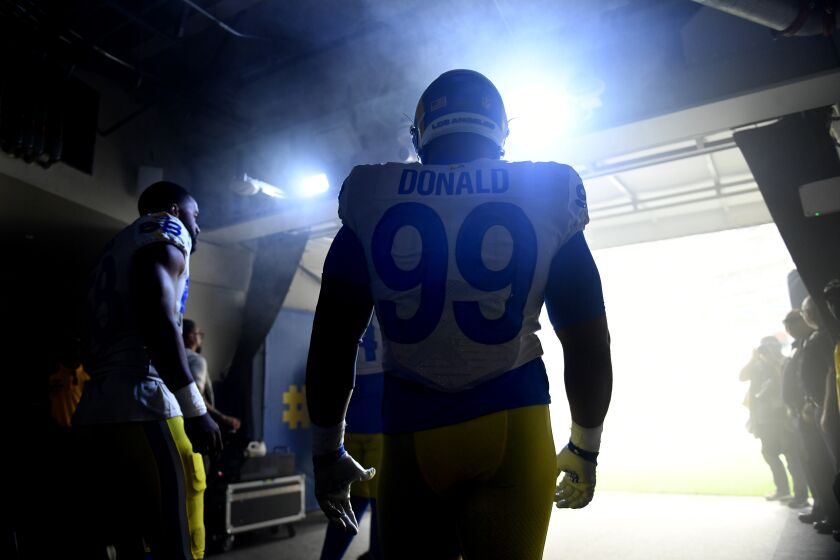 Inglewood, California September 18, 2022-Rams defenisve tackle Aaron Donald waits in the tunnel before being introduced at SoFi Stadium Sunday. (Wally Skalij/Los Angeles Times)