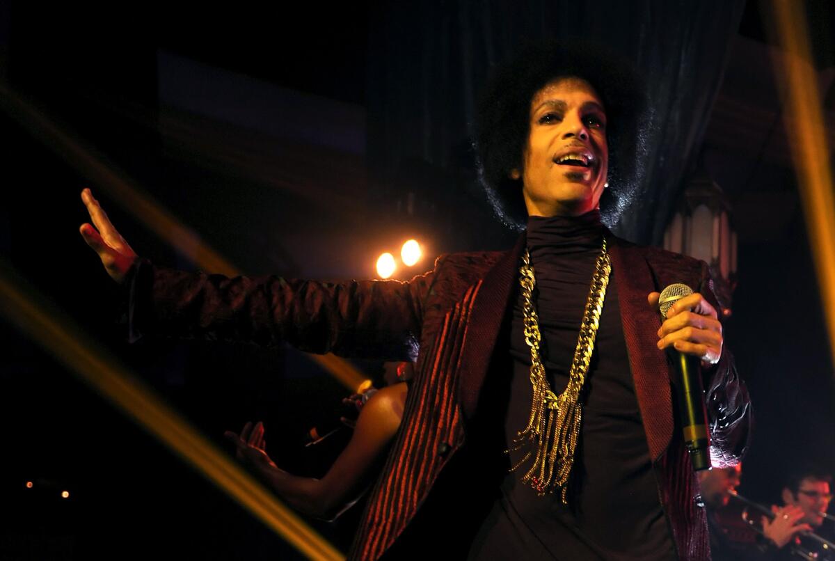 Prince is seen performing in March with the NPG Horns and ThirdEyeGirl at the Hollywood Palladium.