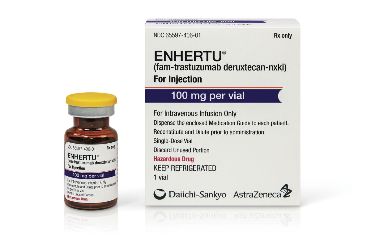 This undated photo provided by Daiichi Sankyo and AstraZeneca in June 2022 shows a vial and packaging for their Enhertu, an antibody-chemotherapy drug administered intravenously. (Daiichi Sankyo, AstraZeneca via AP)