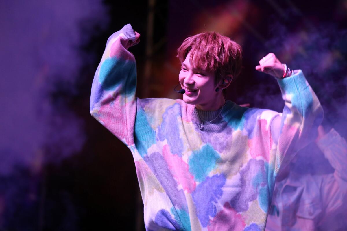 Kenta Takada of JBJ95 performs during the K-Content Expo 2019 Los Angeles in Buena Park. JBJ95 closed the concert with their song “Johahae (Who I Am).”