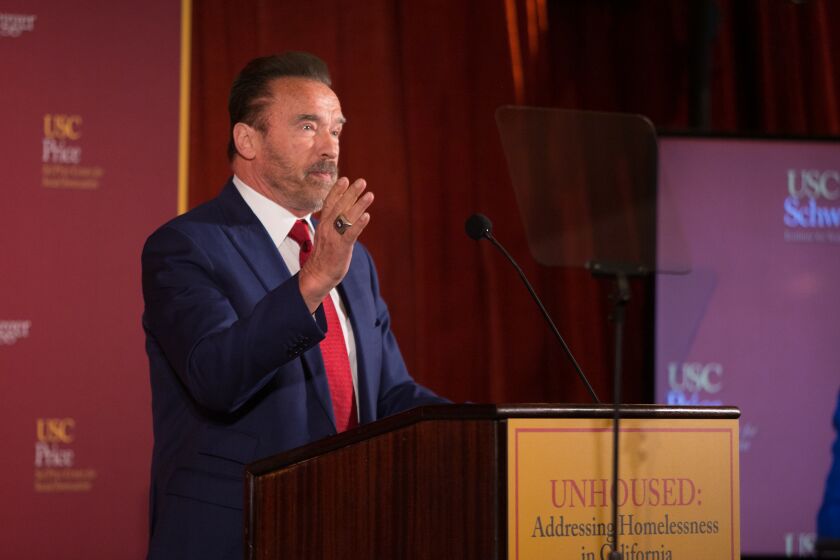 Former Gov. Arnold Schwarzenegger at a USC Schwarzenegger Institute event on homelessness in Feb. 2020.