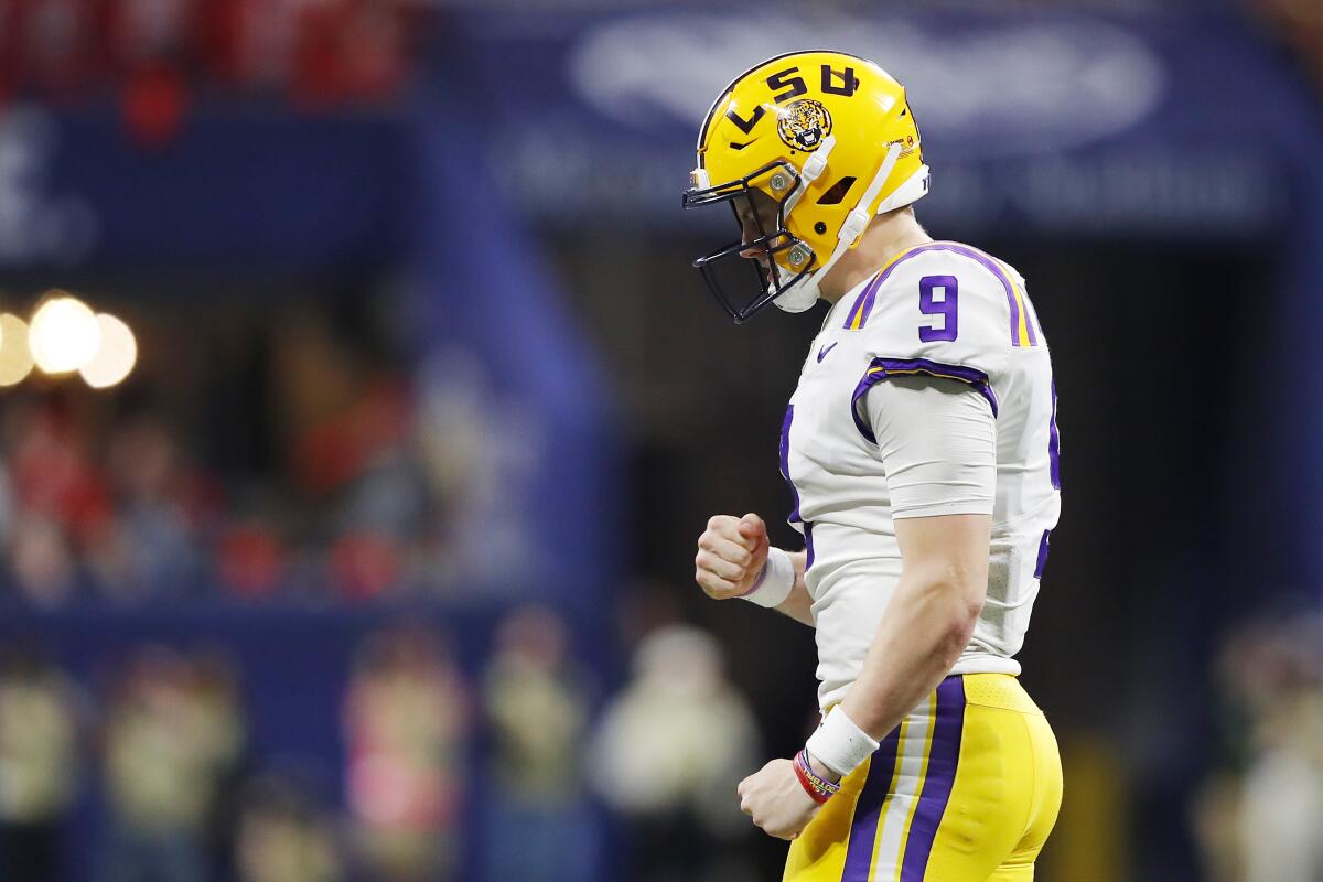 LSU quarterback Joe Burrow celebrates against Georgia during the SEC championship game Dec. 7, 2019