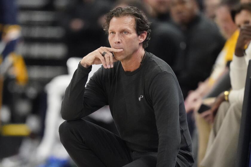 FILE - Utah Jazz head coach Quin Snyder looks on in the first half of Game 4.